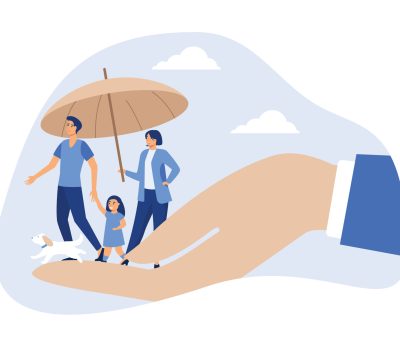 une famille protégée femme homme et enfants sous un parapluie, porté par une main protection